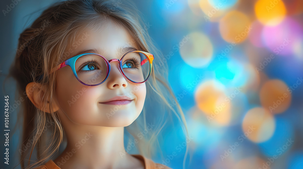 Little girl in colorful glasses smiling confidently, blurred bokeh lights in the background Little girl in colorful glasses smiling confidently, blurred bokeh lights in the background