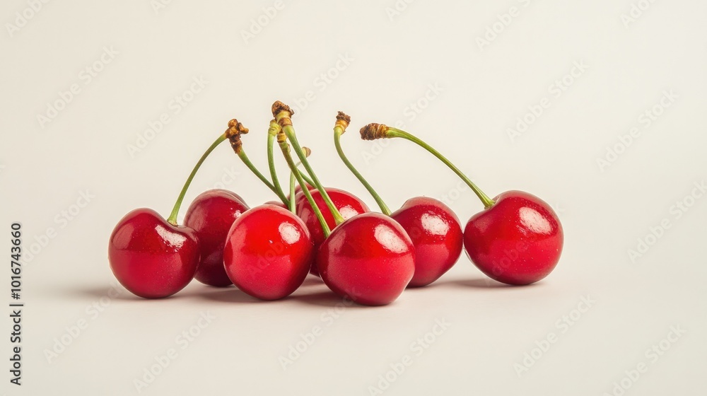 Glossy red cherries with green stems, isolated on a white background for a simple, clean, and fresh food photo. Glossy red cherries with green stems, isolated on a white background for a simple, clean, and fresh food photo.