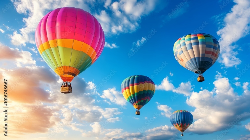 Fototapeta premium Colorful hot air balloons soaring through a cloudy sky, EPS transparency. 