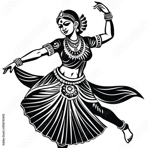 silhouette vector image, Bharatanatyam, south Indian classical dance by woman. Beautiful girl dancing