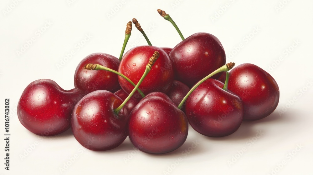 Group of red cherries with smooth, shiny skins and green stems, isolated on white, capturing the freshness of the fruit. Group of red cherries with smooth, shiny skins and green stems, isolated on white, capturing the freshness of the fruit.