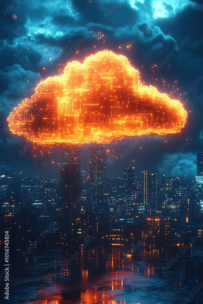 Orange glowing cloud with neon circuits reflecting in a futuristic cityscape under stormy skies Orange glowing cloud with neon circuits reflecting in a futuristic cityscape under stormy skies