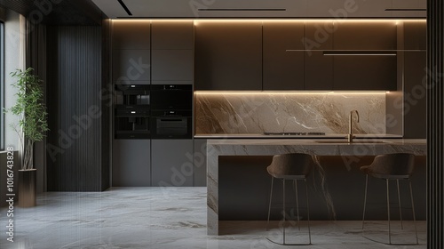 Luxurious modern kitchen interior with a sleek eating and cooking area, equipped with premium kitchenware and cutting-edge appliances.