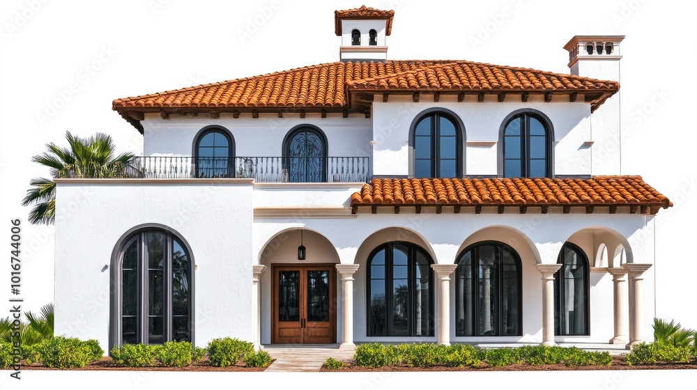 Mediterranean-style villa with arched windows, terracotta roof, and whitewashed walls, isolated on a plain white background for real estate marketing visuals. Mediterranean-style villa with arched windows, terracotta roof, and whitewashed walls, isolated on a plain white background for real estate marketing visuals.