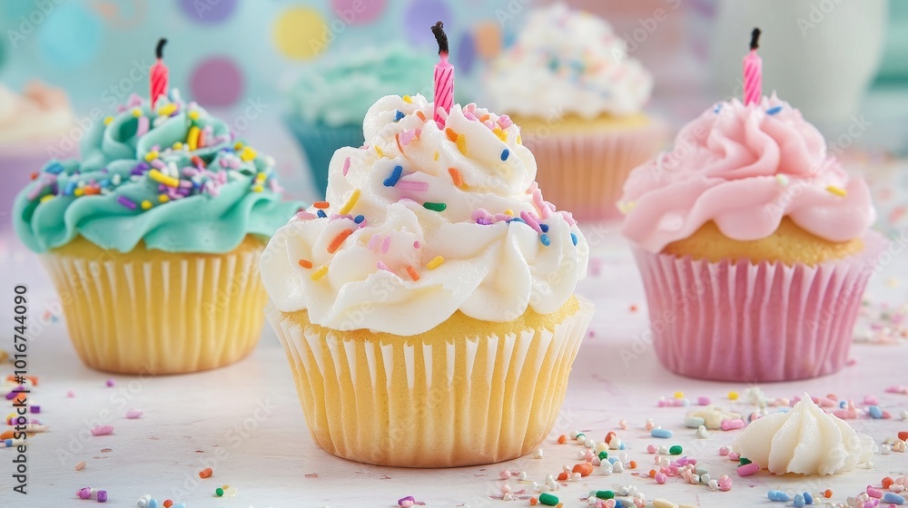 Light pink cupcakes decorated with sprinkles for a party. Light pink cupcakes decorated with sprinkles for a party.