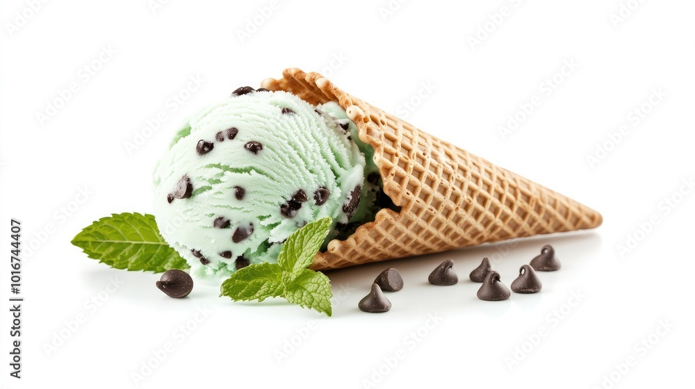 Mint chocolate chip ice cream in a waffle cone, isolated on a bright white background, with fresh mint leaves as garnish for a refreshing look. Mint chocolate chip ice cream in a waffle cone, isolated on a bright white background, with fresh mint leaves as garnish for a refreshing look.