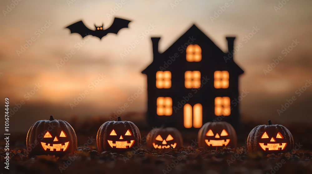 Spooky Halloween scene featuring illuminated pumpkins, a bat, and a haunted house against a dramatic sunset. Spooky Halloween scene featuring illuminated pumpkins, a bat, and a haunted house against a dramatic sunset.