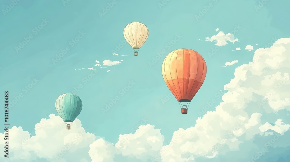 Obraz premium Colorful hot air balloons soaring through a cloudy sky, EPS transparency.