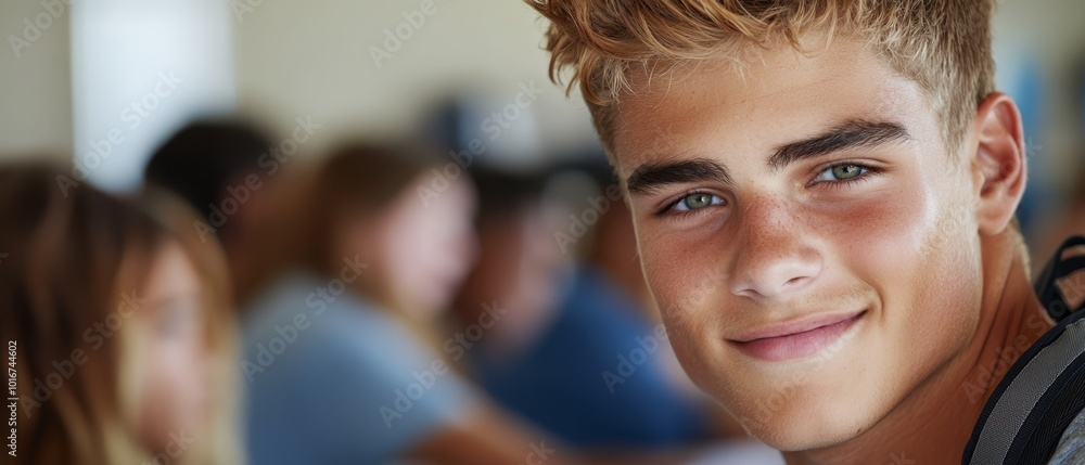 Fototapeta premium A close-up of a young man's face with a crowd in the background