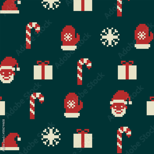 8bit pixel Christmas sweater pattern. Cute pixelated ornament, Christmas holiday traditional sweater knit with red socks, reindeer, gift box and bow square pixel vector pattern