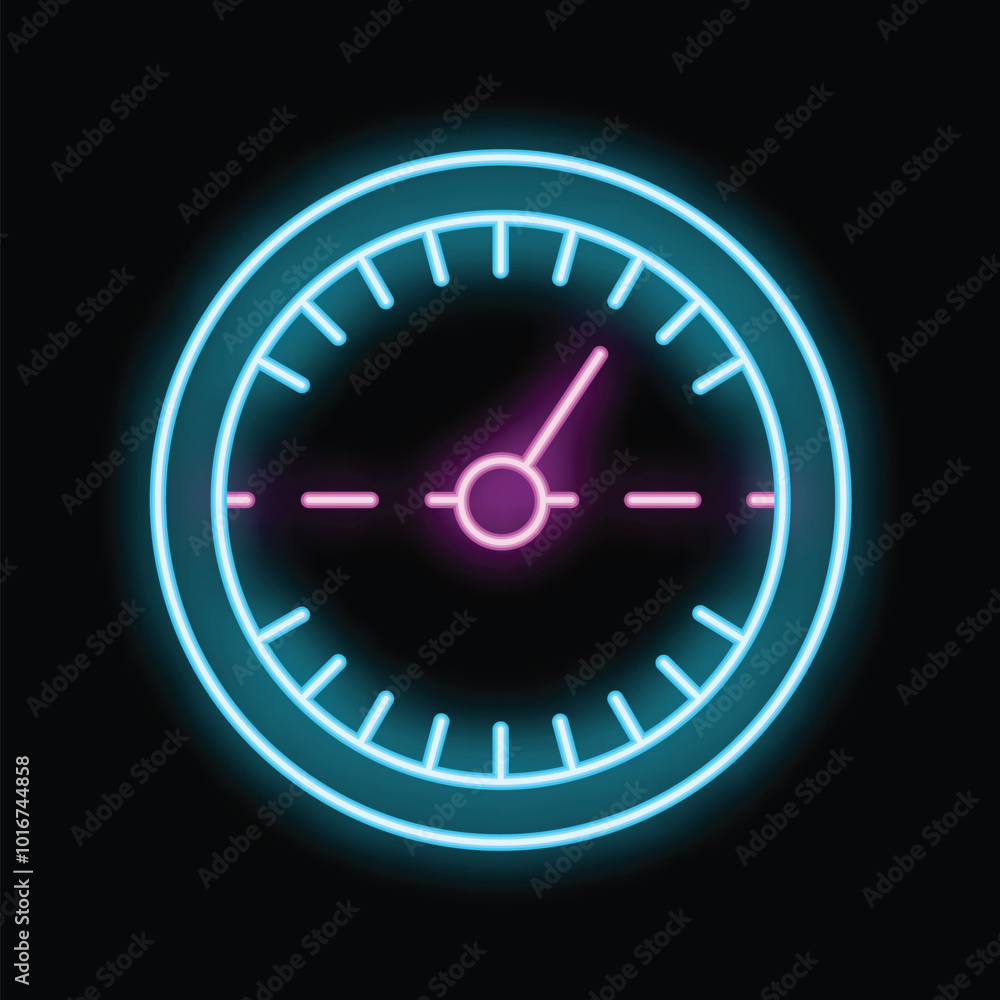 Neon clock face showing half past the hour, glowing blue and pink on a black background Neon clock face showing half past the hour, glowing blue and pink on a black background