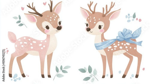 Playful deer cartoon with pastel pink and blue accents, standing on a white background, perfect for greeting cards and baby showers.