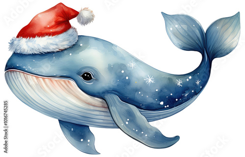 Whale Wearing Santa Hat Watercolor Illustration Isolated on Transparent Background. photo