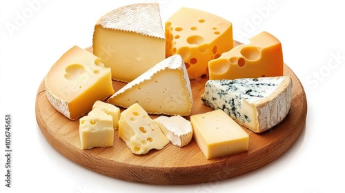 Round cheese platter with camembert, Swiss, blue cheese, cheddar, and gouda on a wooden board, photographed on a white backdrop.