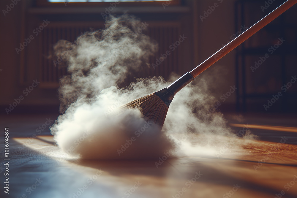 A sweeping broom collecting dust on a wooden floor, cleaning and housekeeping concept A sweeping broom collecting dust on a wooden floor, cleaning and housekeeping concept