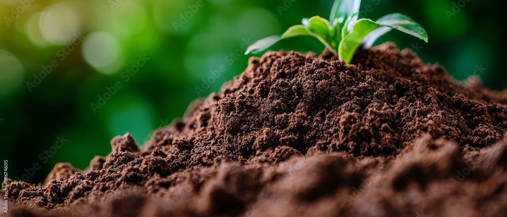 A young plant emerges from a mound of dirt against a hazy green backdrop A young plant emerges from a mound of dirt against a hazy green backdrop