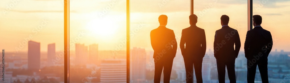 Four business figures silhouetted against a sunset, observing the city skyline from a modern office. Four business figures silhouetted against a sunset, observing the city skyline from a modern office.