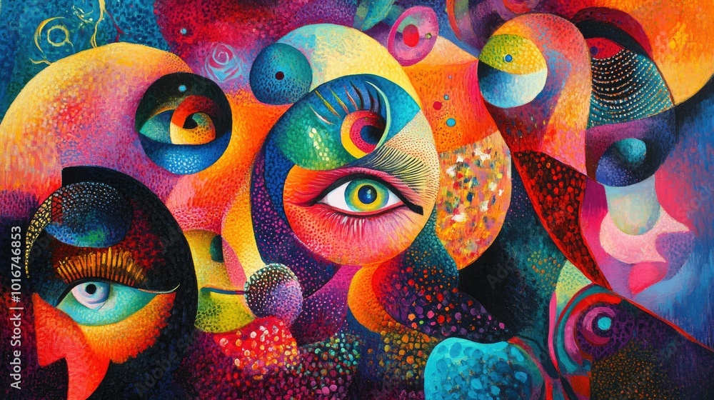 Obraz premium Surreal abstract painting with vibrant colors, whimsical shapes, and playful faces on a vivid backdrop.