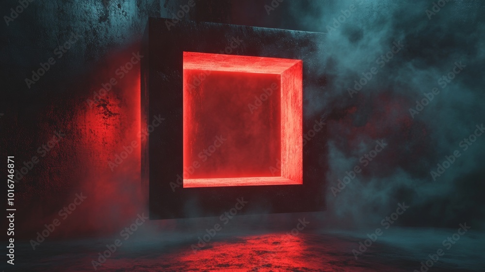 Fototapeta premium A red square with a black frame is lit up in a dark room