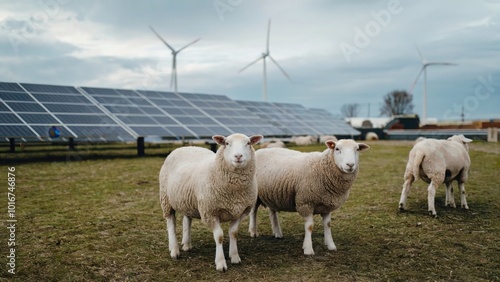 Ecology farm with sheeps in background renewable energy wind turbine and solar panels