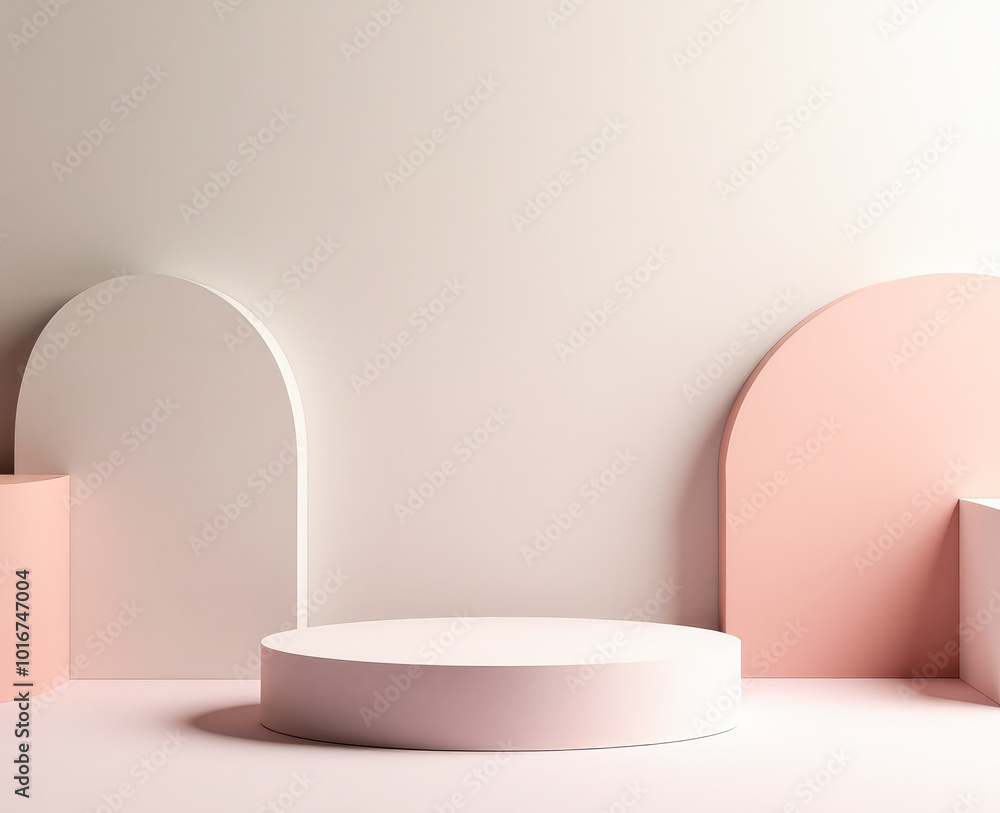 an empty round podium on a background of geometric shapes, pastel colors an empty round podium on a background of geometric shapes, pastel colors
