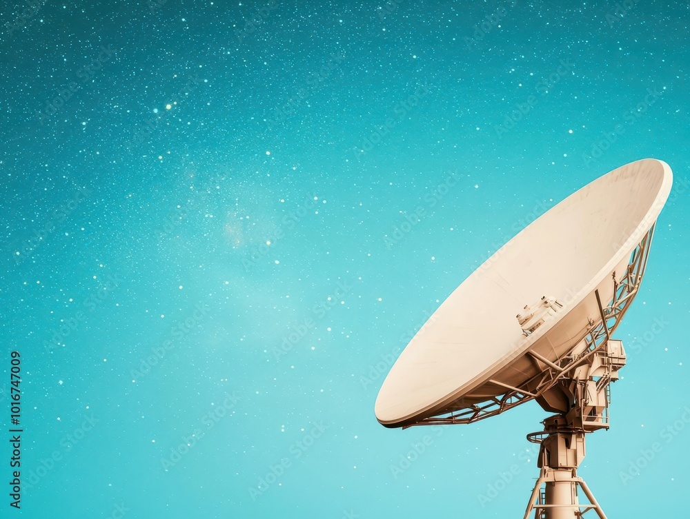 Obraz premium Satellite dish against a starry sky transmitting data, Aerospace Engineering, communication technology