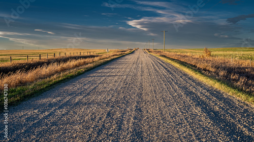 Tableau sur toile A northward view along Range Road 270's gravel vanishing point near the junction with Township Road 222 and Canadian Pacific's controlled level railway crossing, Rocky View County, Alberta, Canada