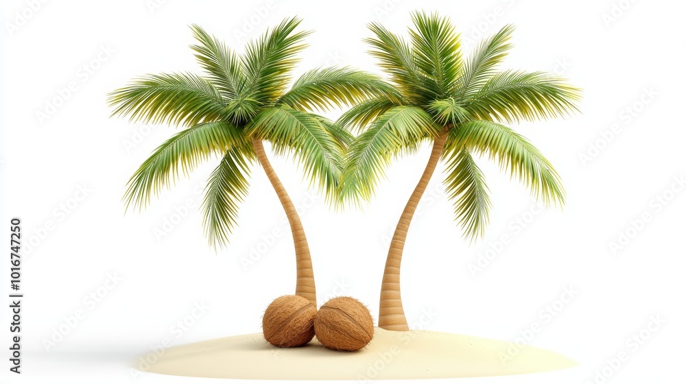 Obraz premium Two vibrant palm trees with coconuts on a sandy beach, isolated on a white background.
