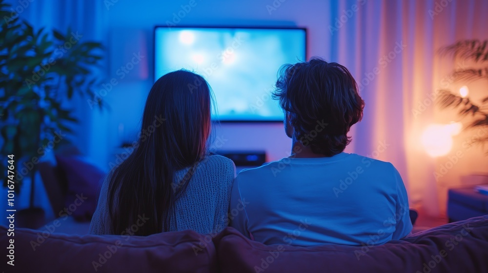 A couple sits on a couch watching TV in a living room. A couple sits on a couch watching TV in a living room.