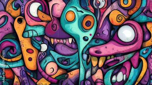 Vivid abstract background with whimsical faces and surreal shapes, creating a fun and imaginative scene.