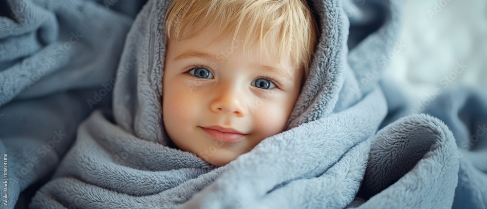 A small child, smiling at the camera while wrapped in a blanket, with blue eyeshadow mistakenly applied above his natural eyebrows A small child, smiling at the camera while wrapped in a blanket, with blue eyeshadow mistakenly applied above his natural eyebrows