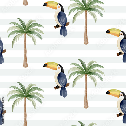 Cute seamless pattern with watercolor toucan. Childish jungle background. Watercolor tropical bird wallpaper.