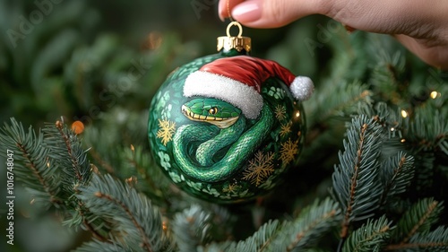 Christmas ball on which a green snake is drawn photo