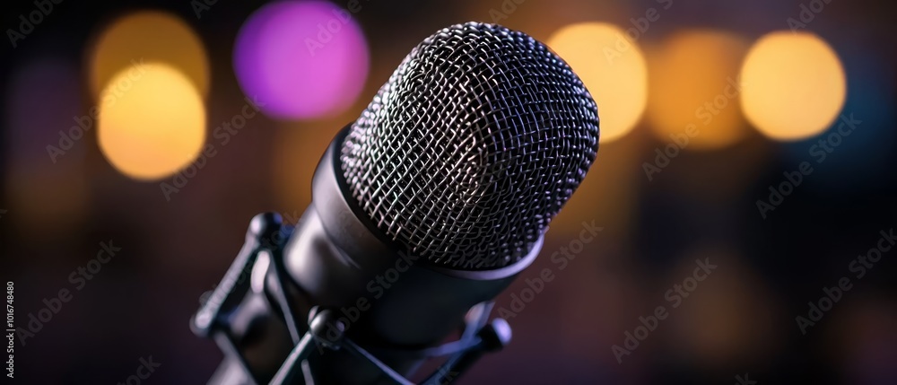 A tight shot of a microphone against a blurred backdrop A tight shot of a microphone against a blurred backdrop