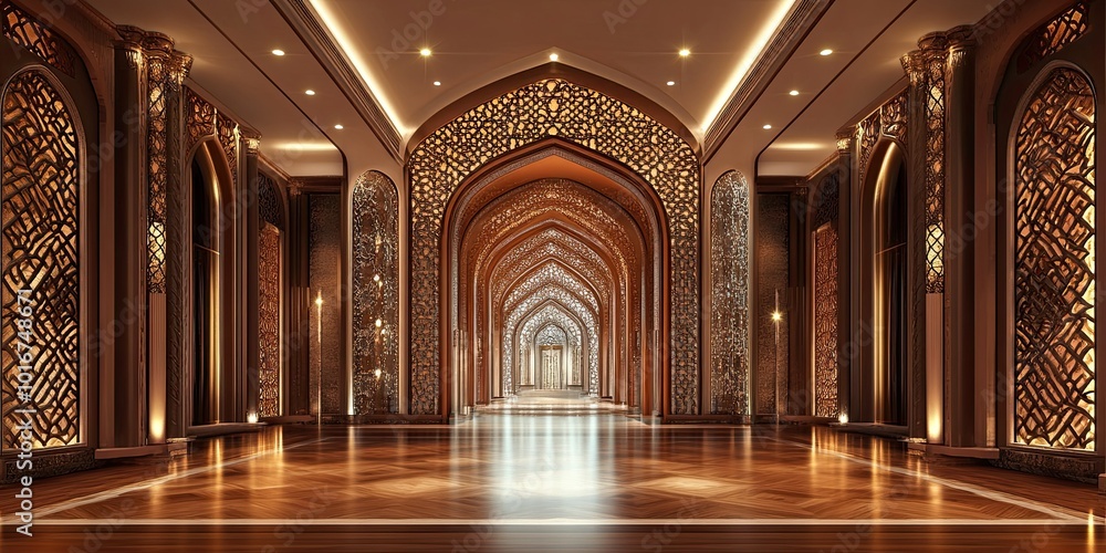 Obraz premium luxury cerise hotel ballroom with wooden intricate royal carving wall and elegant wooden floor and elegant high arch shape 