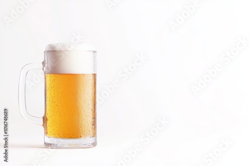 A refreshing glass of beer with frothy head, isolated on white background.