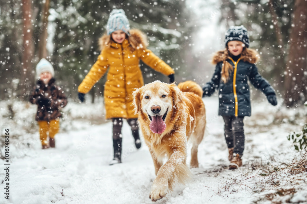 Fototapeta premium Happy active family with kids walking their pet dog golden retriever in the snowy winter forest 