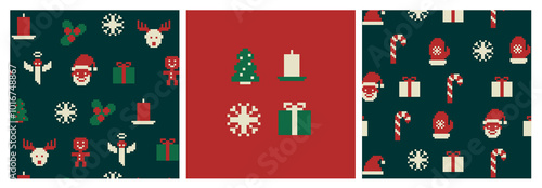 8bit pixel Christmas sweater patterns set. Cute pixelated ornament, Christmas holiday traditional sweater knit with red socks, reindeer, gift box and bow square pixel vector pattern