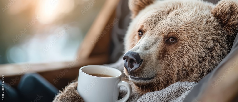 Naklejka premium A tight shot of a bear sipping coffee from a mug, its paws resting on the armrests, while a blanket is draped around its neck