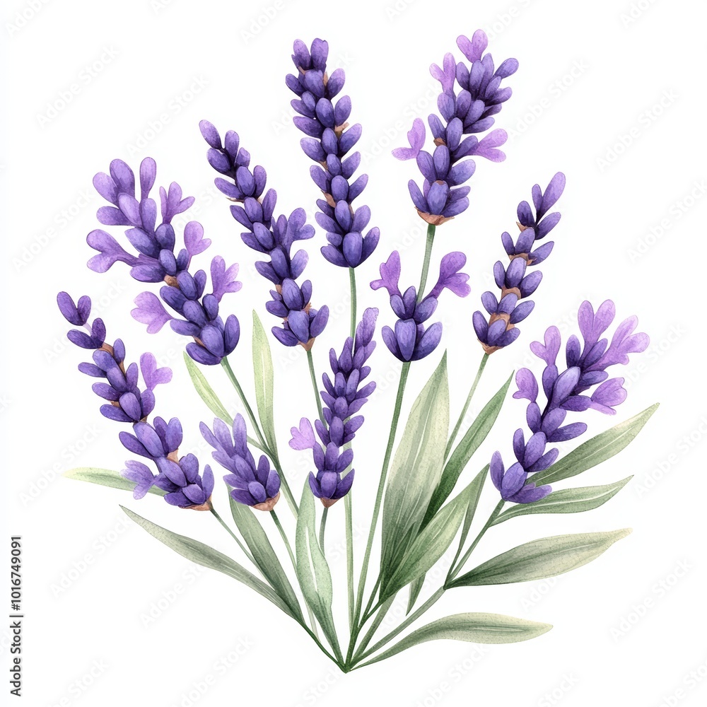 Obraz premium A vibrant bunch of lavender flowers with green leaves, beautifully illustrated on a white isolated background.