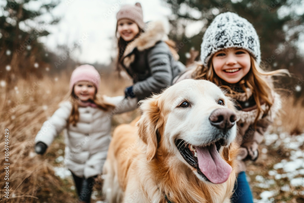 Obraz premium Happy active family with kids walking their pet dog golden retriever in the snowy winter forest 