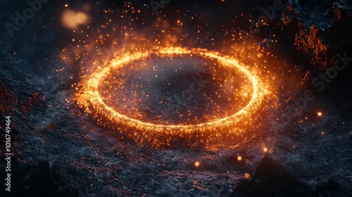 A circle of fire is surrounded by a dark background