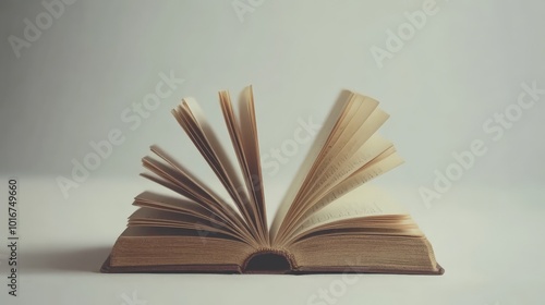 Open book with pages fanned out on a neutral background, symbolizing knowledge, education, and literature in a serene setting.