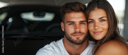  A man and a woman pose for a photo in front of a car, with their eyes fixed on the camera lens