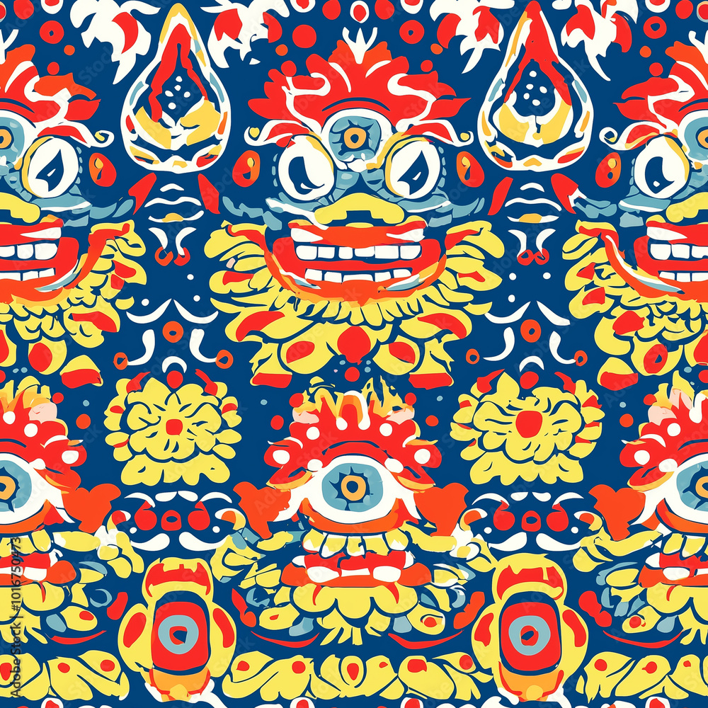 A vibrant and playful seamless pattern featuring tribal monster motifs A vibrant and playful seamless pattern featuring tribal monster motifs