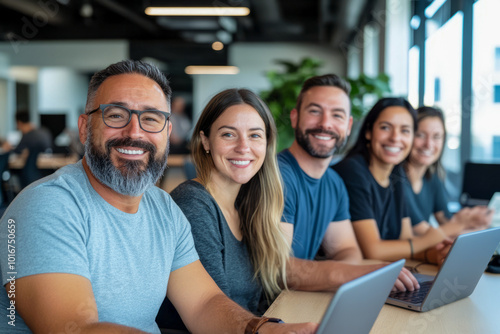 Smiling Team Collaborating in Modern Office