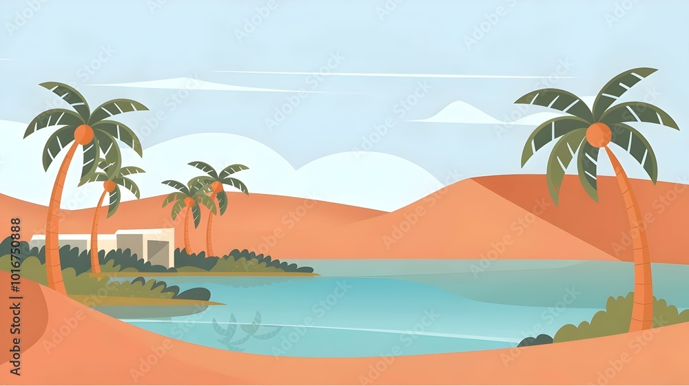 Illustration of an oasis with palm trees and blue lake Illustration of an oasis with palm trees and blue lake