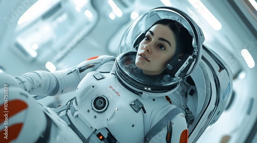 Fototapeta Naklejka Na Ścianę i Meble -  Woman in a futuristic space suit flying, 3D illustration. 