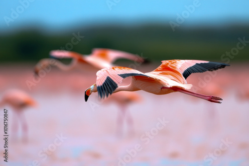 Flamingos in Flight Over a Calm Wetland