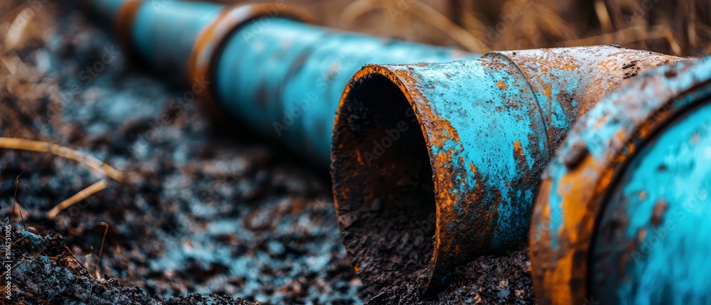 A blue pipe atop a dirt mound, beside a field of tall and dry grass A blue pipe atop a dirt mound, beside a field of tall and dry grass